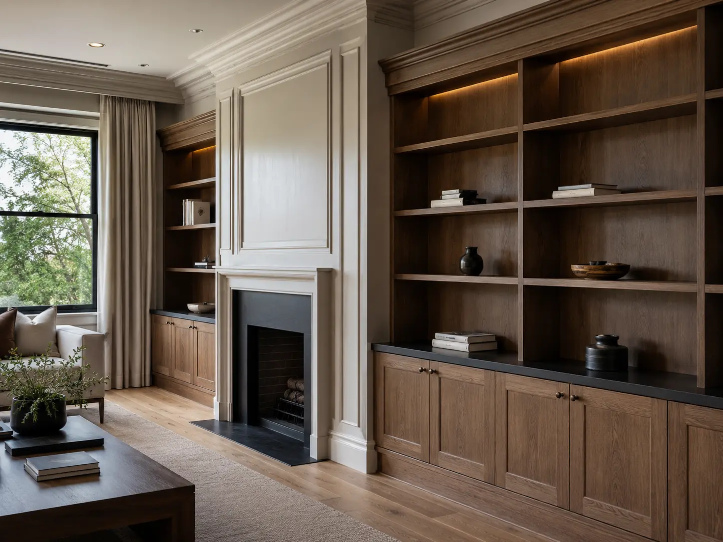 Custom wood built-ins and finish carpentry in a refined living room