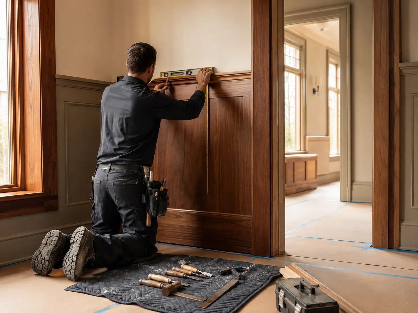 Craftsman measuring custom wood paneling in an organized home