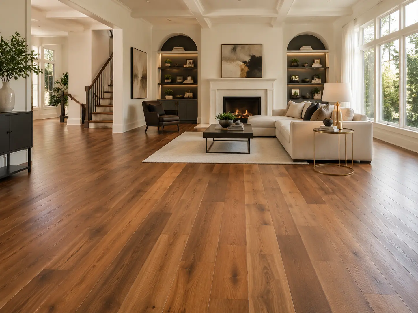 Warm hardwood flooring in a bright renovated living room