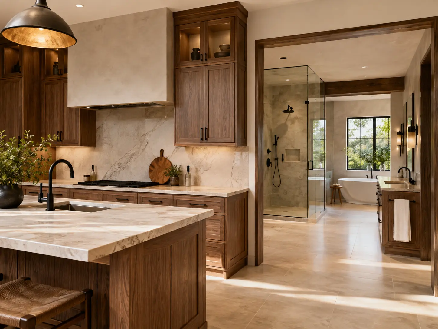 Remodeled kitchen with wood cabinetry and connected bathroom