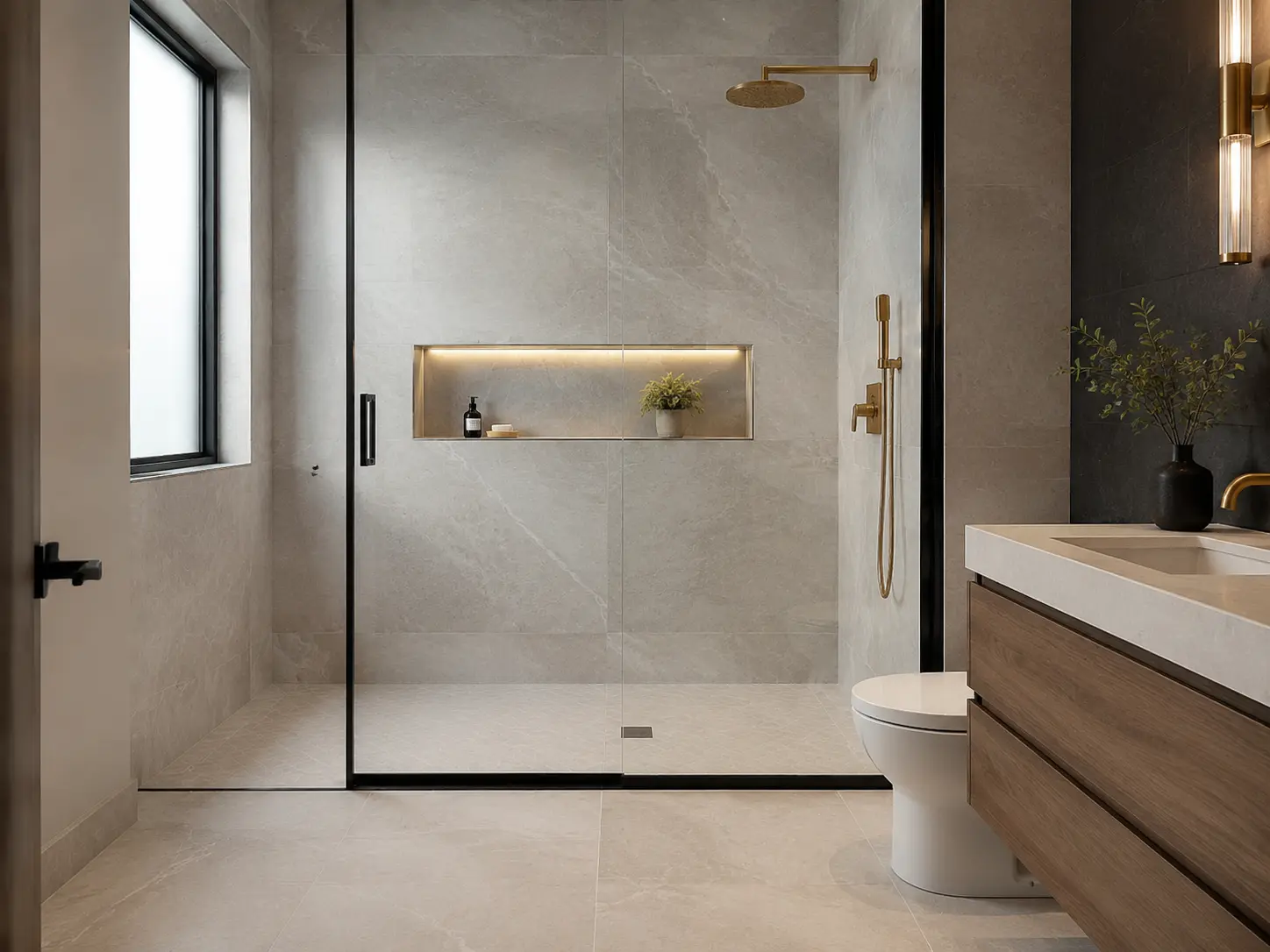 Large-format tile in a modern walk-in shower